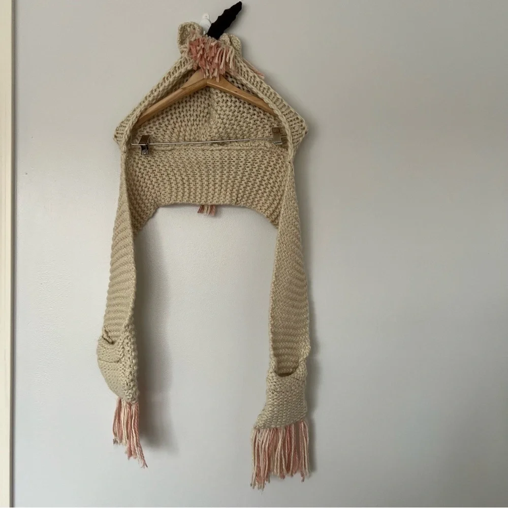 Handmade chunky knit unicorn scarf hood